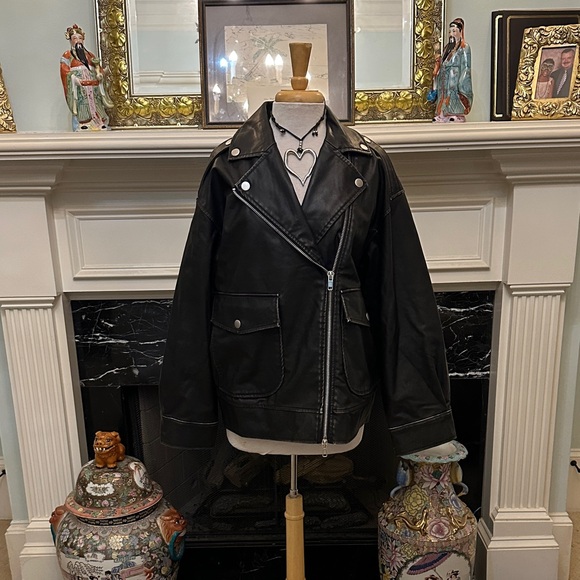 Future Collective Jackets & Blazers - “Future Collective” Distressed Black Vegan Leather Moto Jacket
